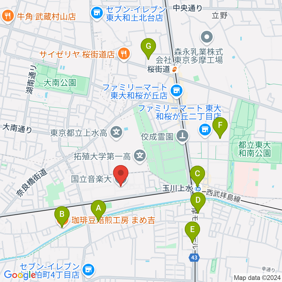 国立音楽大学周辺のカフェ一覧地図