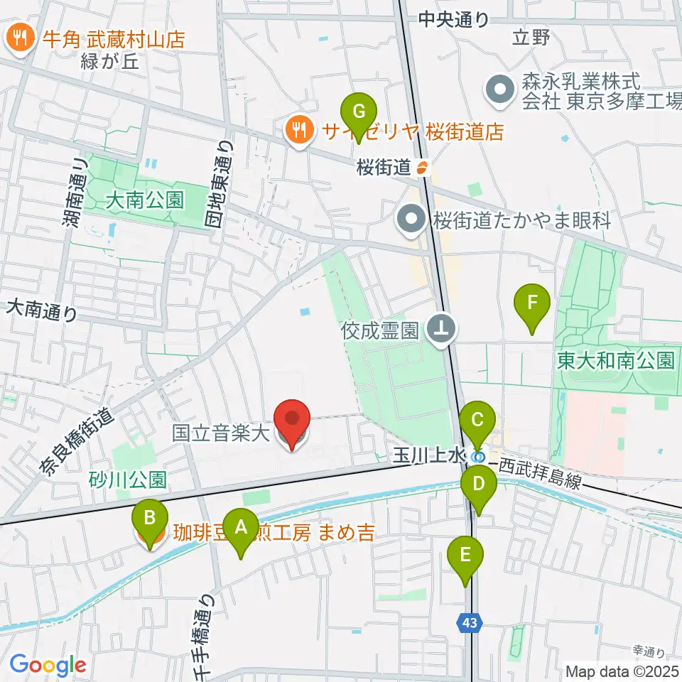 国立音楽大学周辺のカフェ一覧地図