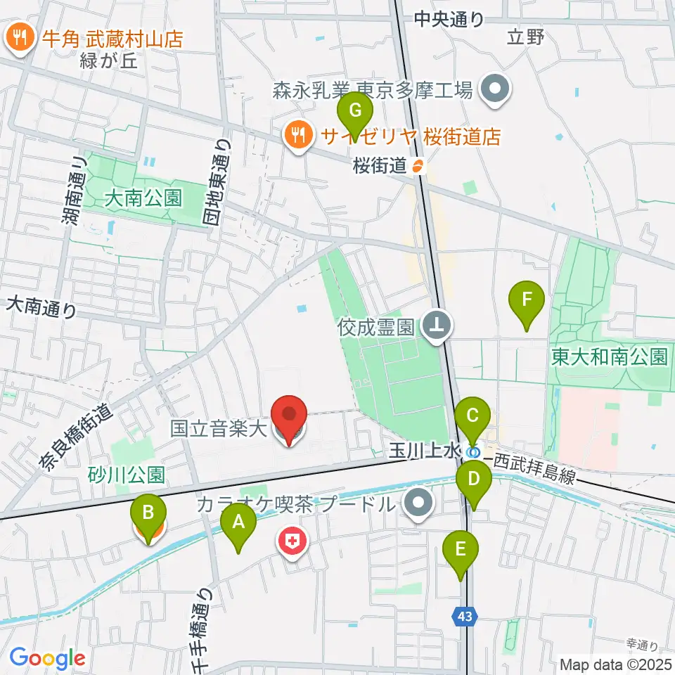 国立音楽大学周辺のカフェ一覧地図