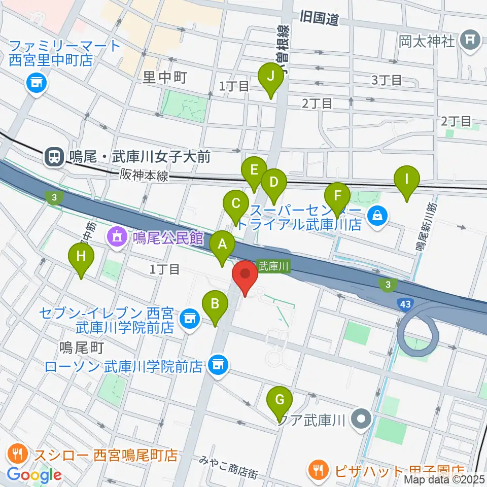 武庫川女子大学 音楽学部周辺のカフェ一覧地図