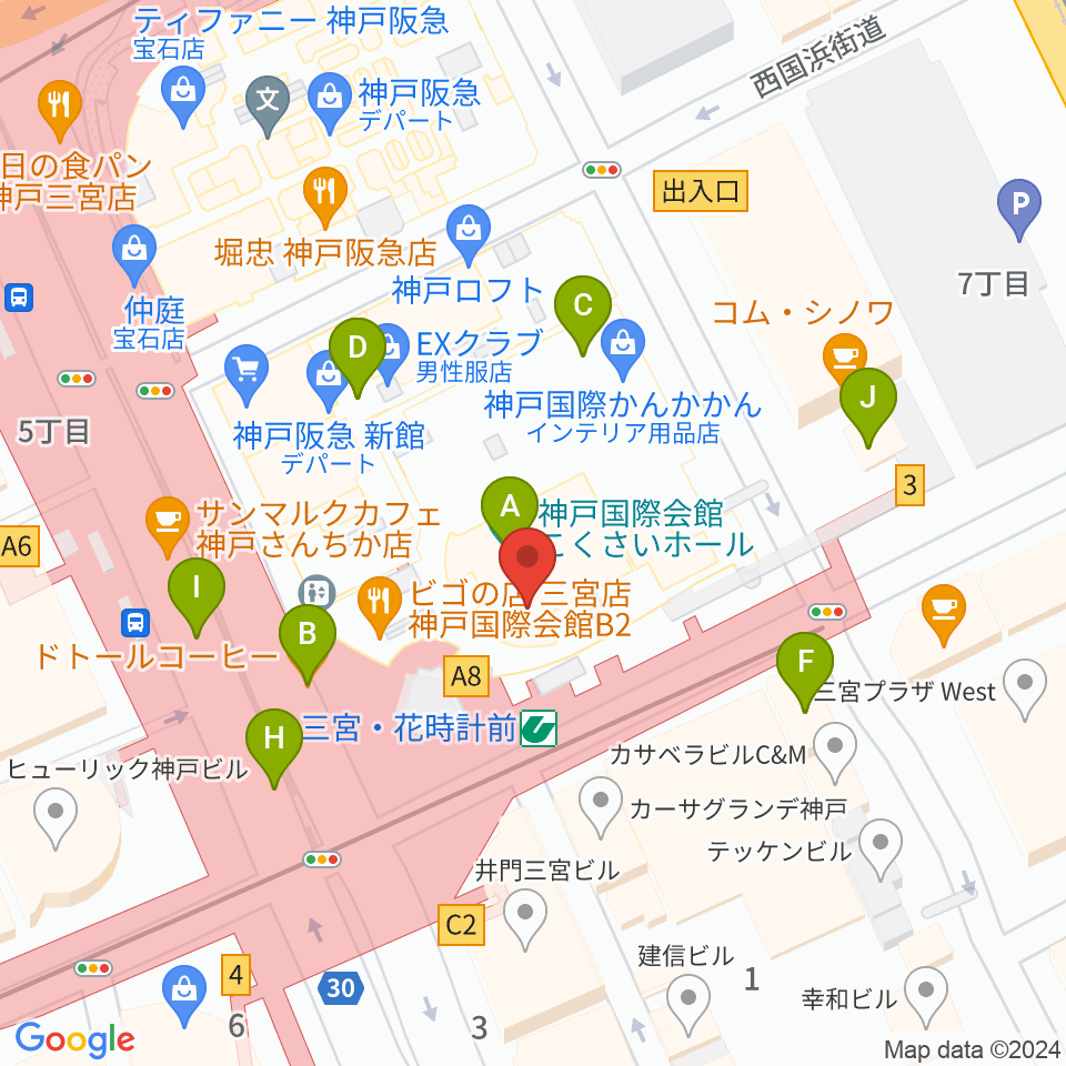 MIKIミュージックサロン三宮周辺のカフェ一覧地図