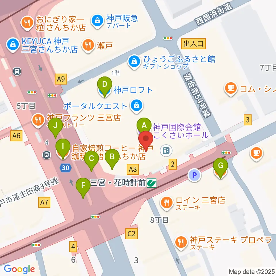 MIKIミュージックサロン三宮周辺のカフェ一覧地図