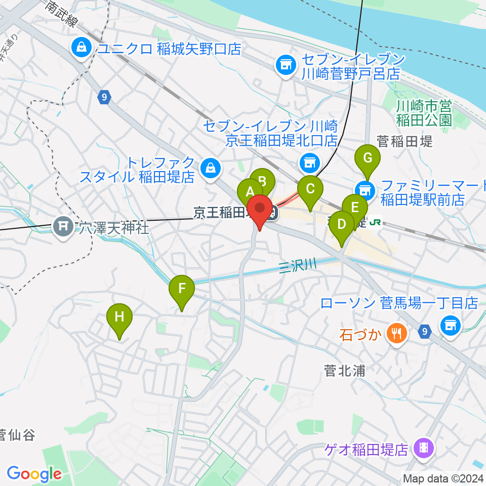 京王稲田堤音楽センター周辺のカフェ一覧地図