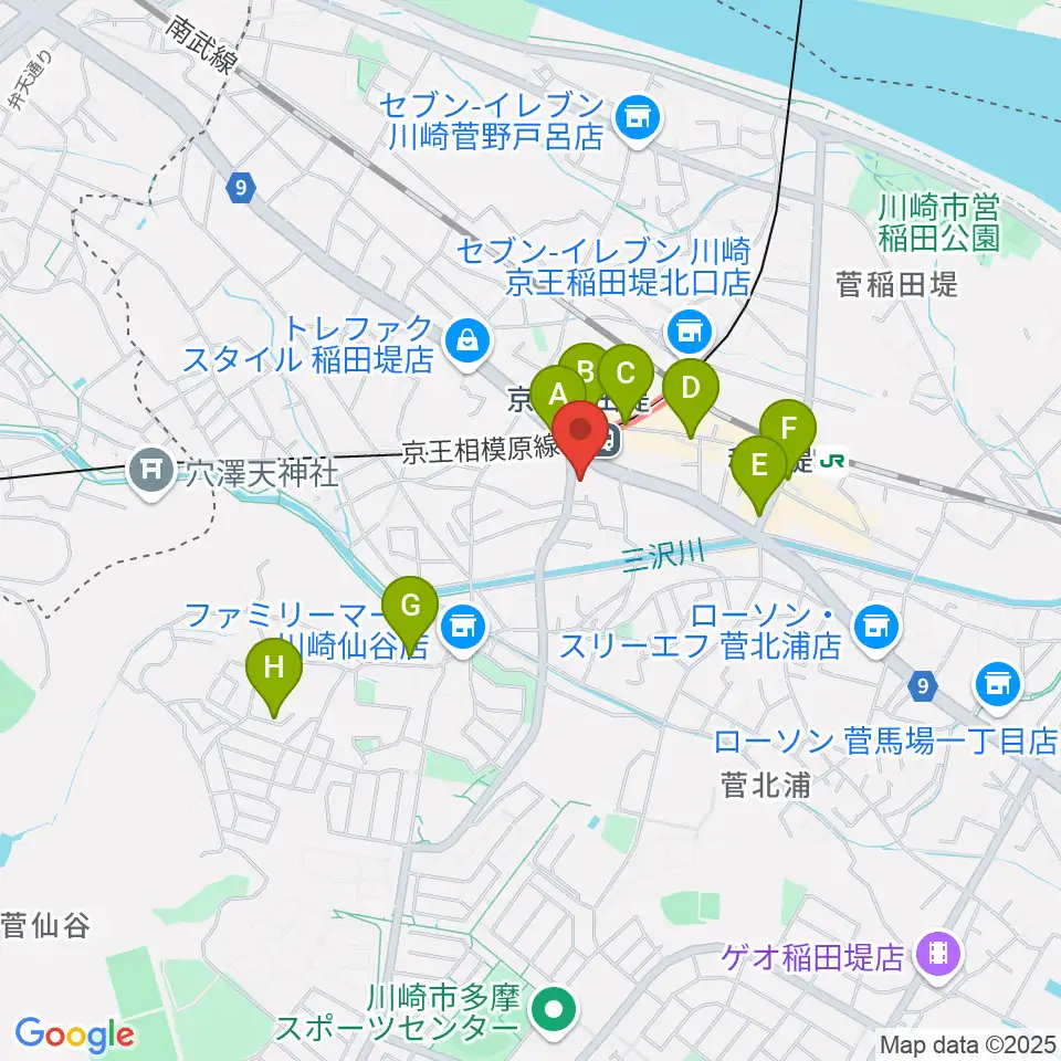 京王稲田堤音楽センター周辺のカフェ一覧地図
