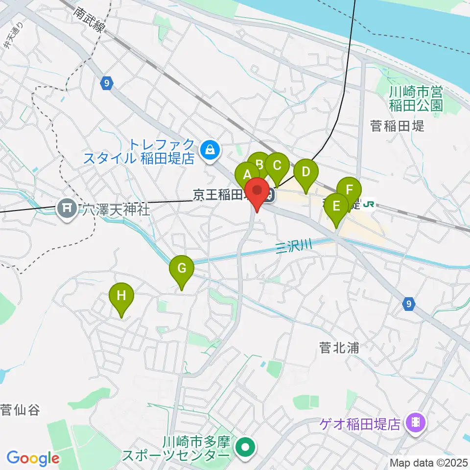 京王稲田堤音楽センター周辺のカフェ一覧地図