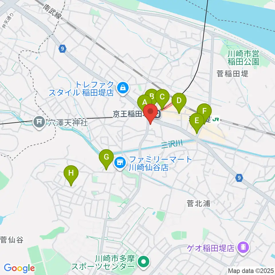 京王稲田堤音楽センター周辺のカフェ一覧地図