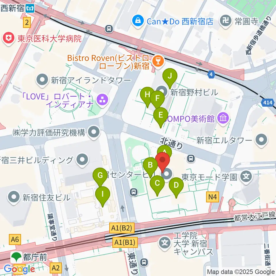 ヤマノミュージックサロン新宿周辺のカフェ一覧地図