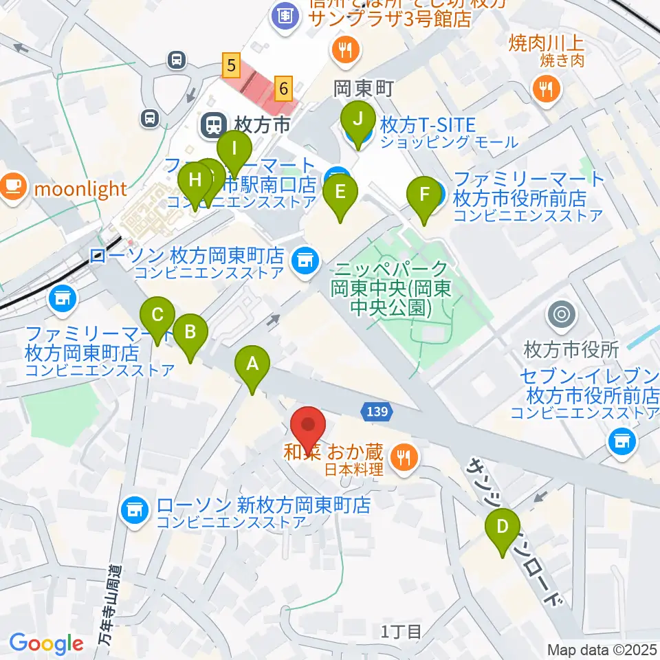 アズイズミュージック枚方店周辺のカフェ一覧地図