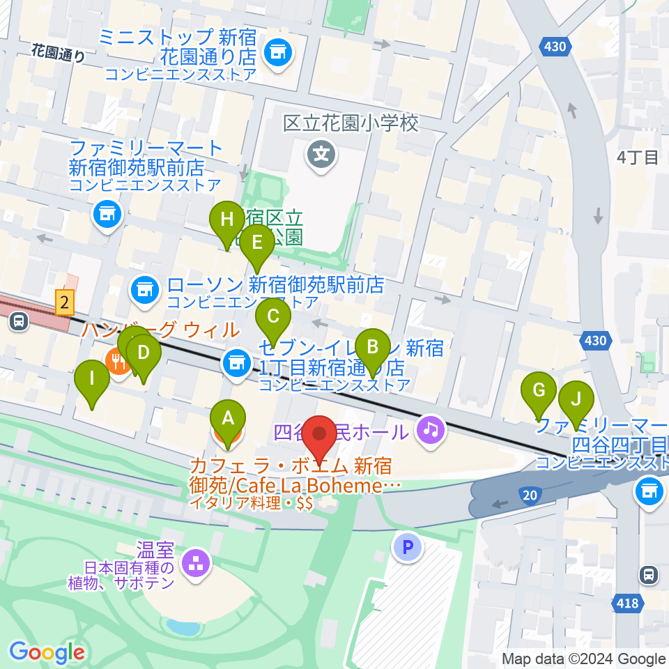 マエストローラ音楽院周辺のカフェ一覧地図