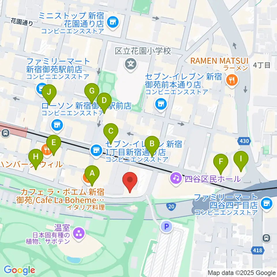 マエストローラ音楽院周辺のカフェ一覧地図