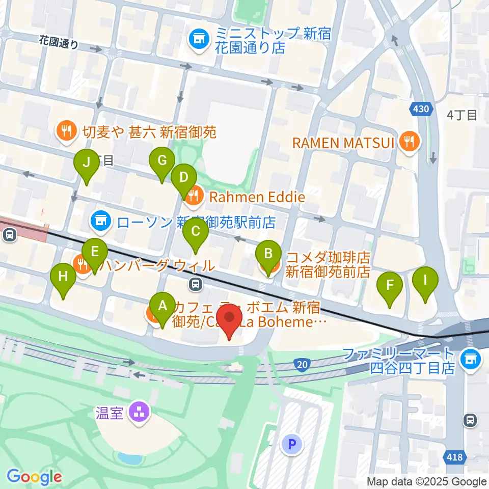 マエストローラ音楽院周辺のカフェ一覧地図