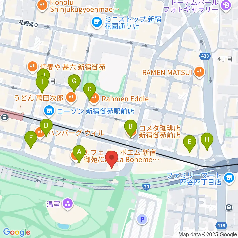 マエストローラ音楽院周辺のカフェ一覧地図