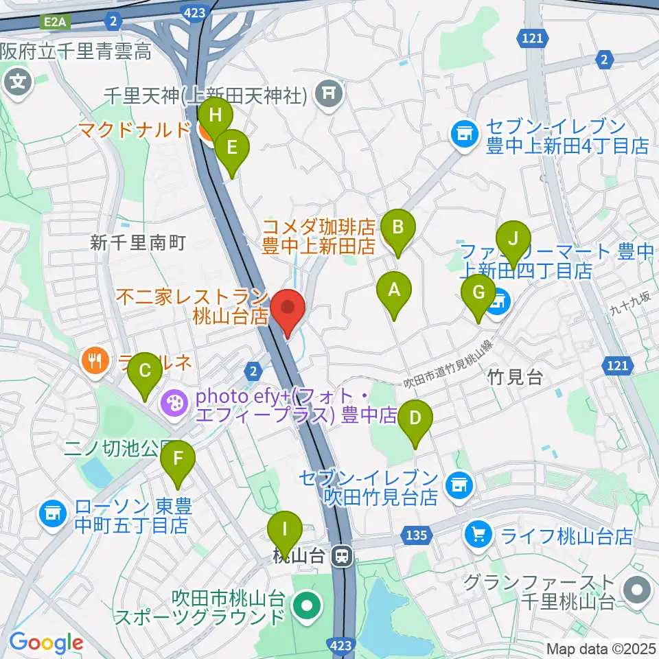 エストレーヤ音楽教室周辺のカフェ一覧地図