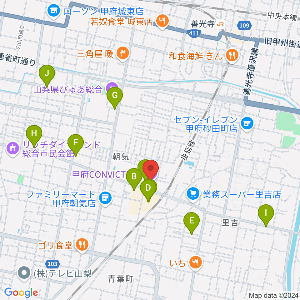 甲府コンビクション周辺のカフェ一覧地図