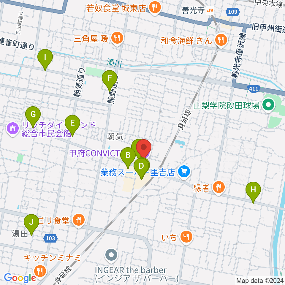 甲府コンビクション周辺のカフェ一覧地図