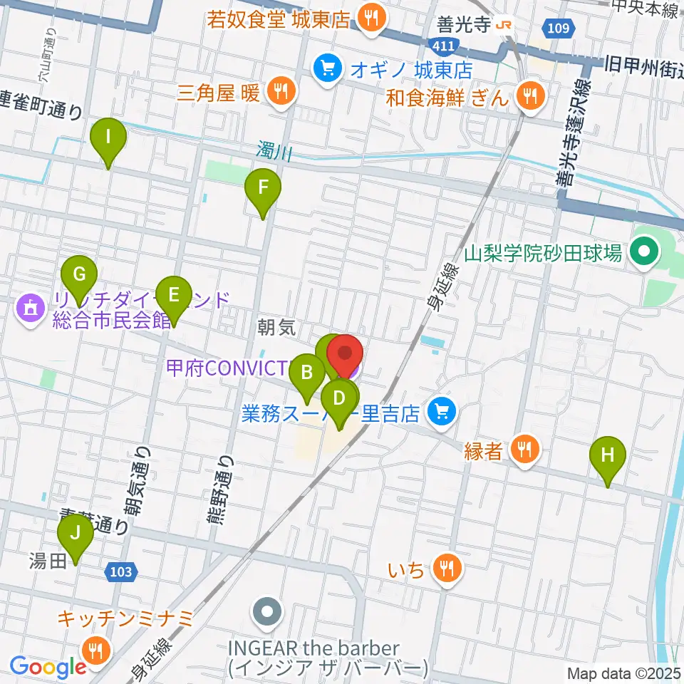 甲府コンビクション周辺のカフェ一覧地図