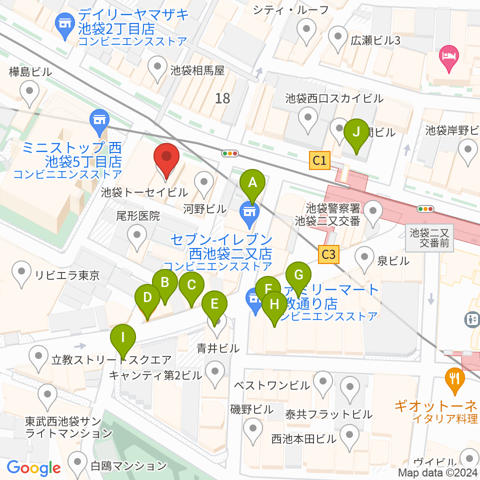 Beeボーカルスクール池袋本校周辺のカフェ一覧地図