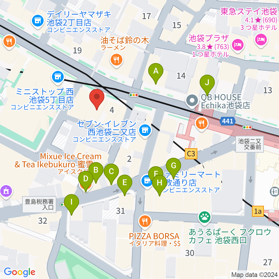 Beeボーカルスクール池袋本校周辺のカフェ一覧地図