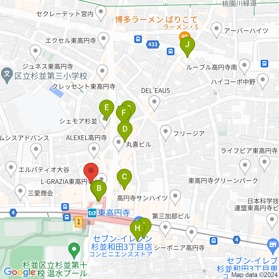 東高円寺ロサンゼルスクラブ スタジオ周辺のカフェ一覧地図