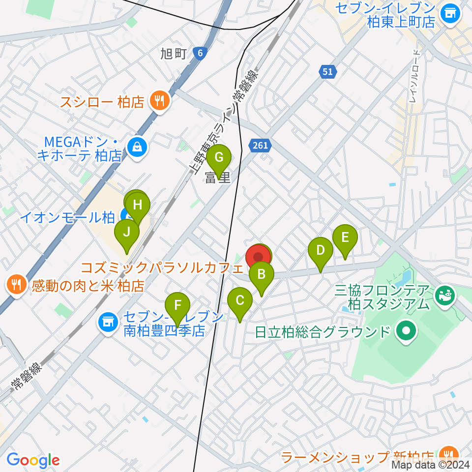 柏デスカマッジ周辺のカフェ一覧地図