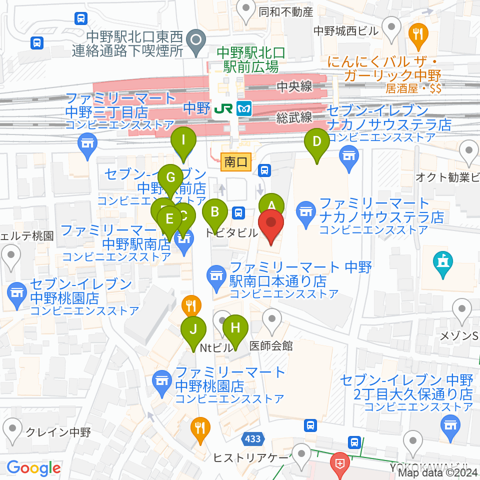 リンキィディンクスタジオ中野周辺のカフェ一覧地図