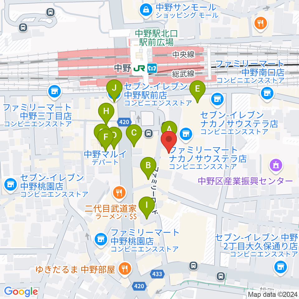 リンキィディンクスタジオ中野周辺のカフェ一覧地図