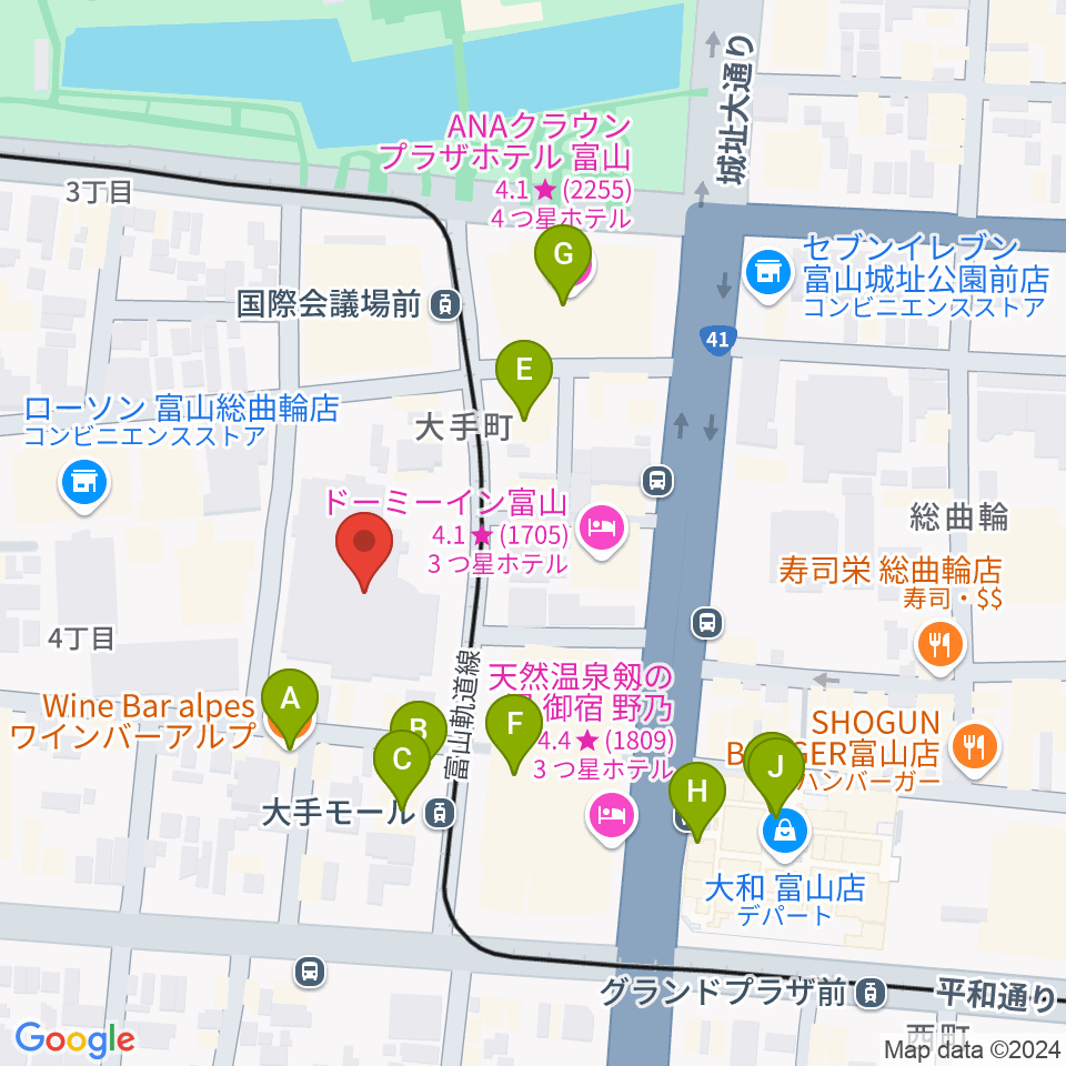 富山市民プラザ周辺のカフェ一覧地図