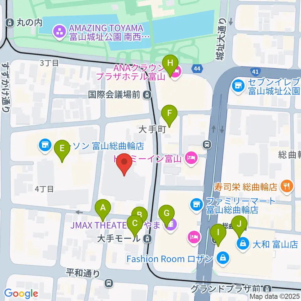 富山市民プラザ周辺のカフェ一覧地図