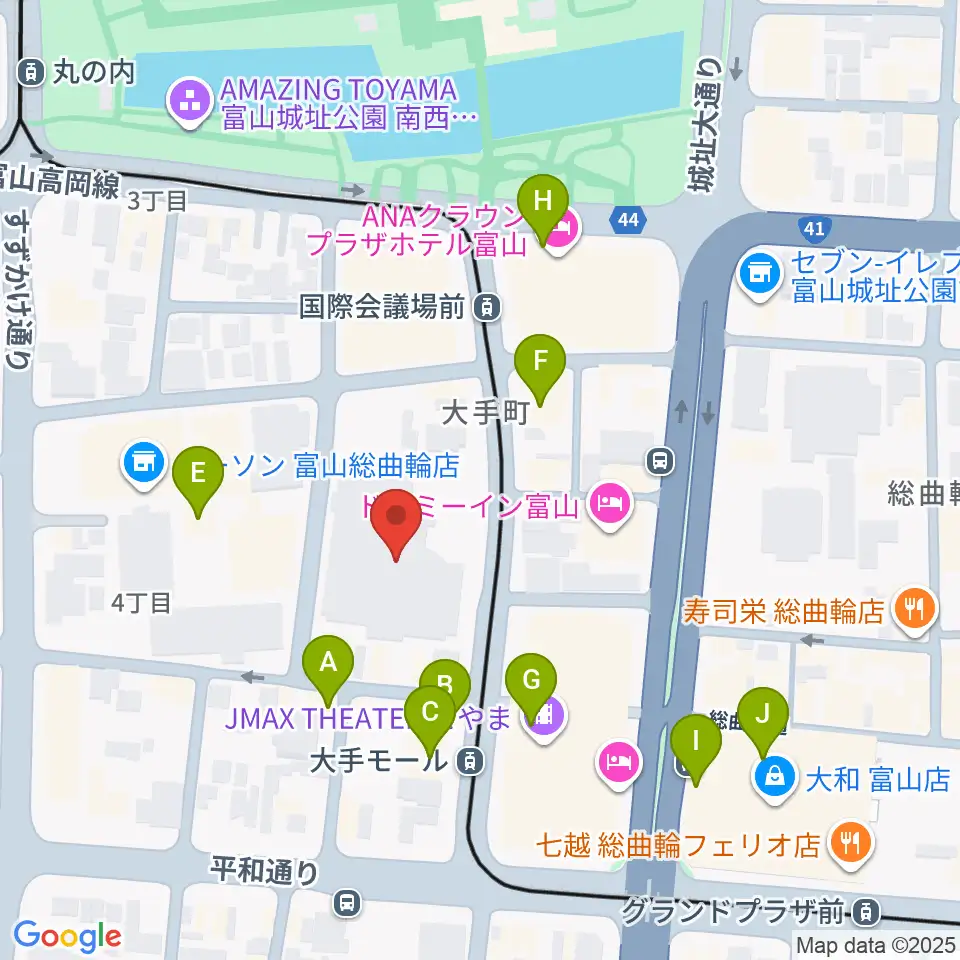 富山市民プラザ周辺のカフェ一覧地図