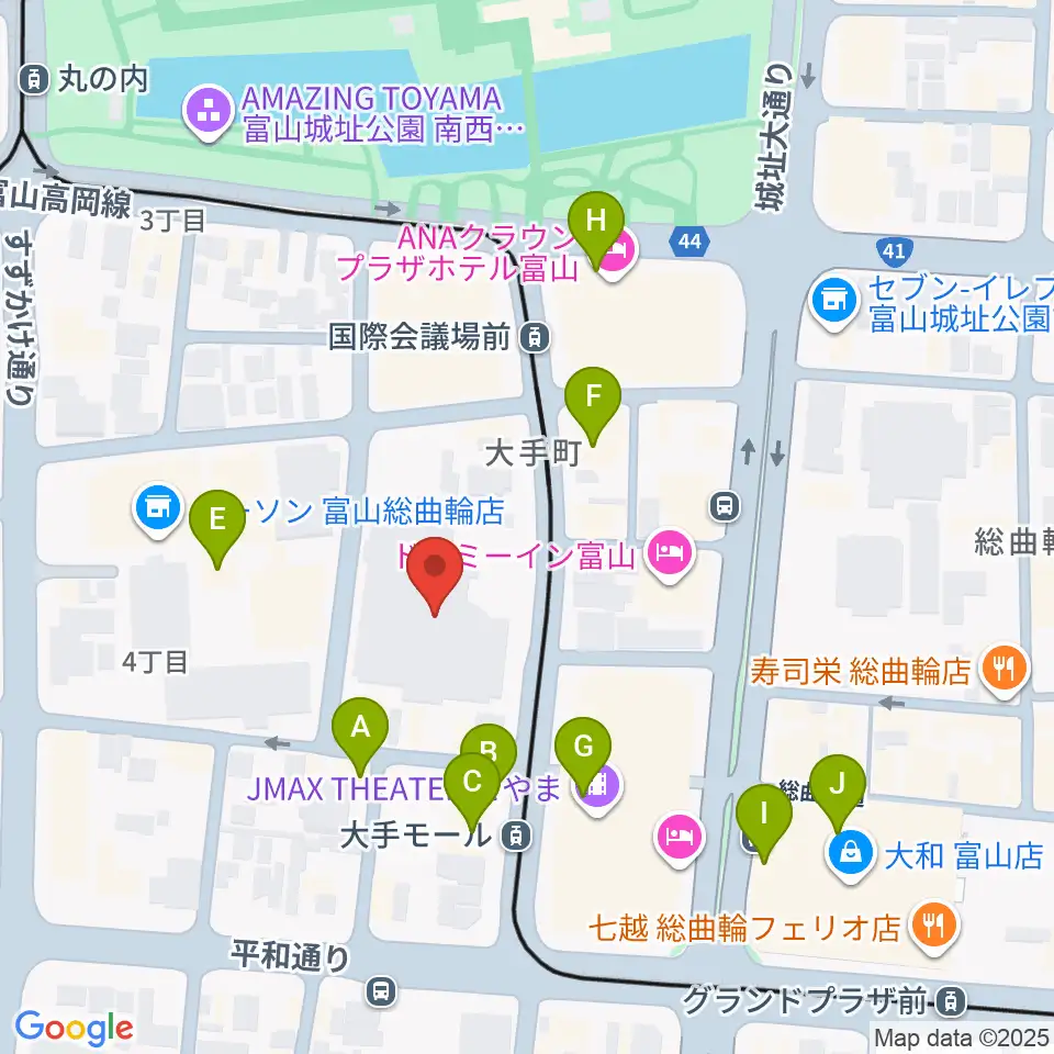 富山市民プラザ周辺のカフェ一覧地図