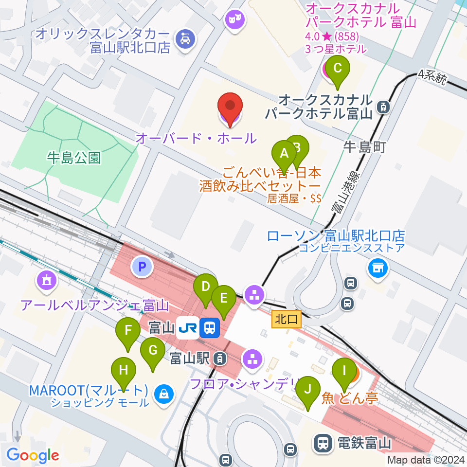 オーバード・ホール周辺のカフェ一覧地図