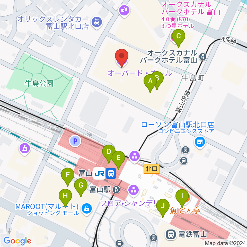 オーバード・ホール周辺のカフェ一覧地図