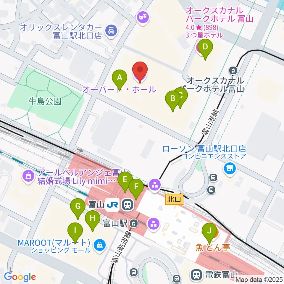 オーバード・ホール周辺のカフェ一覧地図