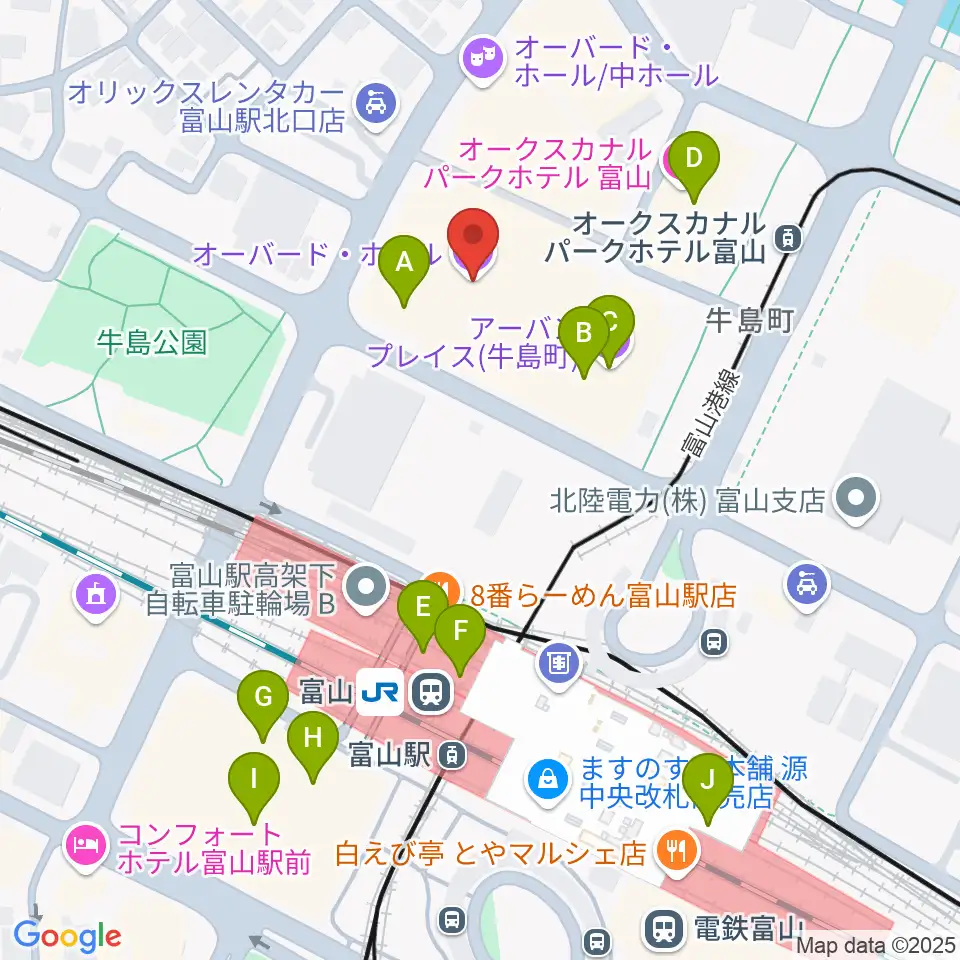 オーバード・ホール周辺のカフェ一覧地図
