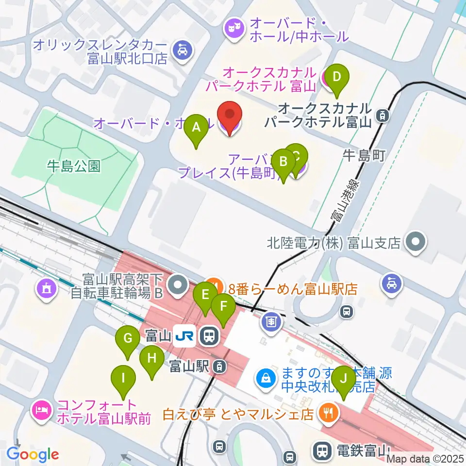 オーバード・ホール周辺のカフェ一覧地図