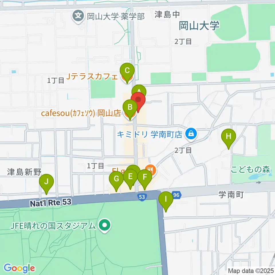 岡山ペパーランド周辺のカフェ一覧地図