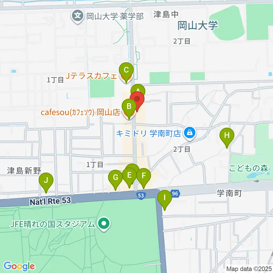 岡山ペパーランド周辺のカフェ一覧地図