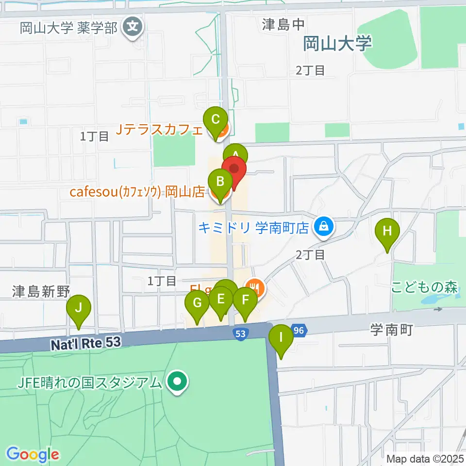 岡山ペパーランド周辺のカフェ一覧地図