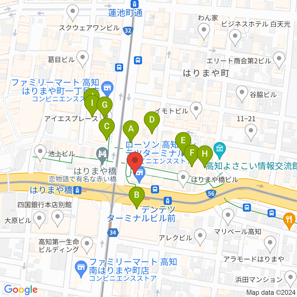 高知クロスポイント周辺のカフェ一覧地図