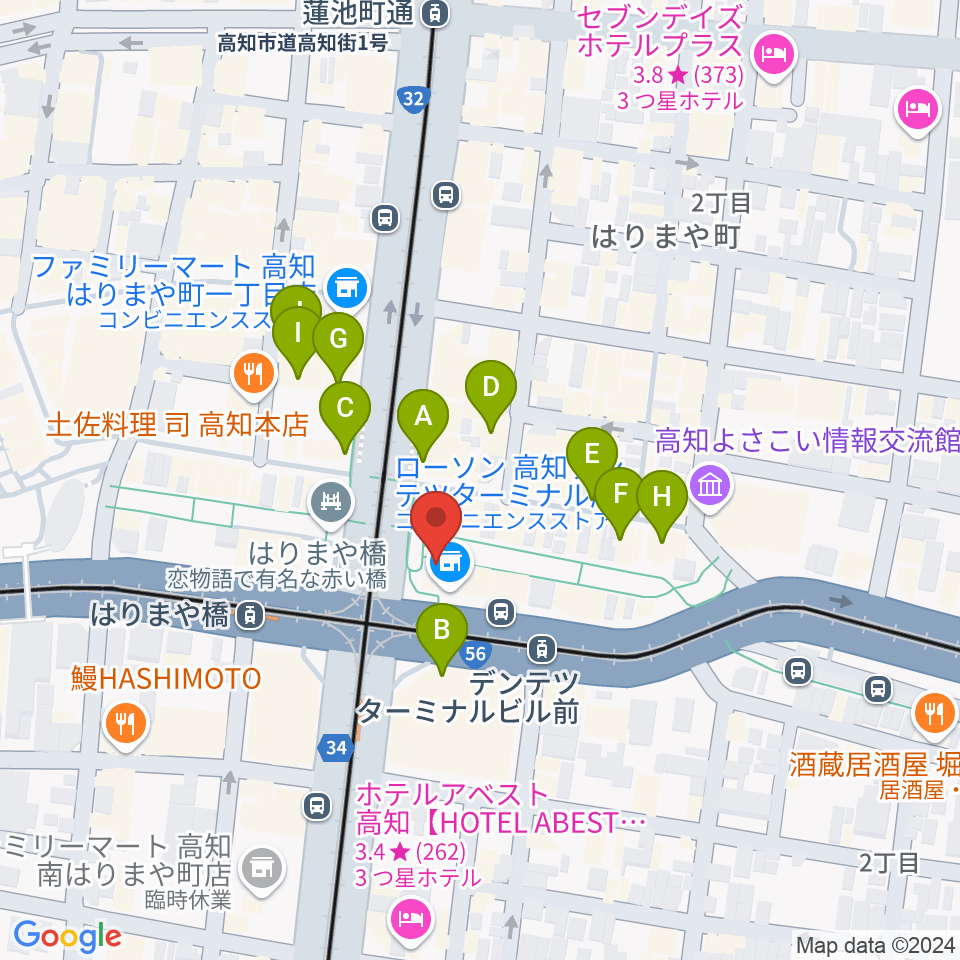 高知クロスポイント周辺のカフェ一覧地図