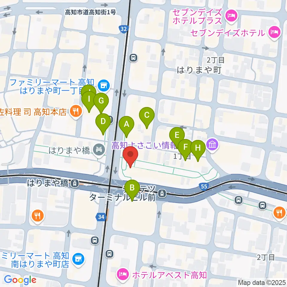 高知クロスポイント周辺のカフェ一覧地図