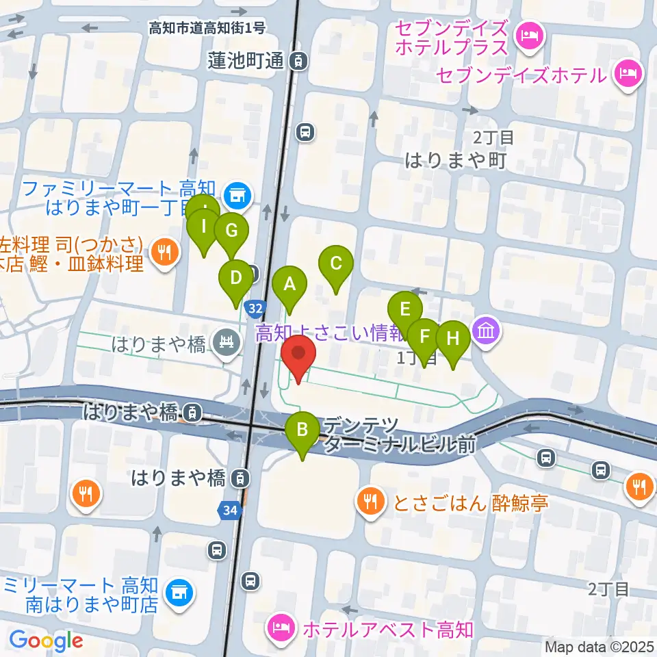 高知クロスポイント周辺のカフェ一覧地図