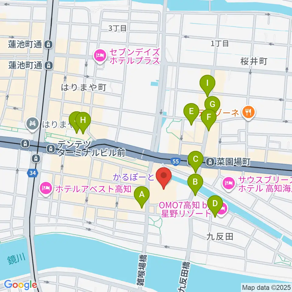 高知市文化プラザ かるぽーと周辺のカフェ一覧地図