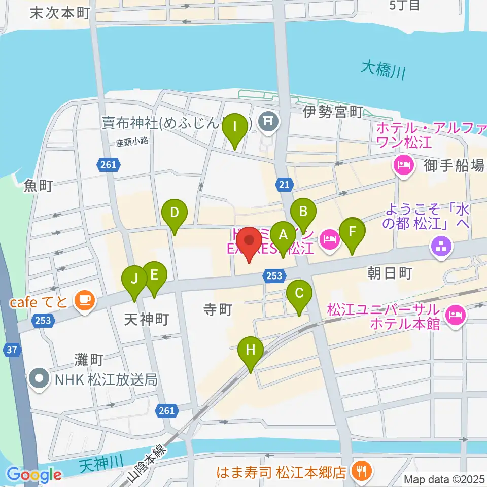 松江B1周辺のカフェ一覧地図