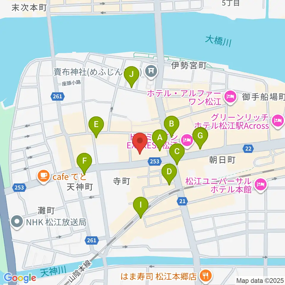 松江B1周辺のカフェ一覧地図