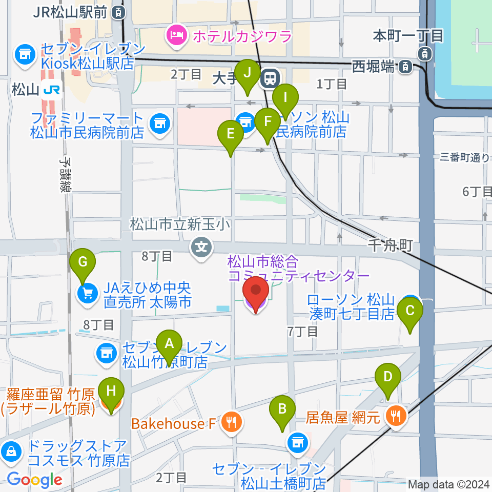 松山市総合コミュニティセンター周辺のカフェ一覧地図