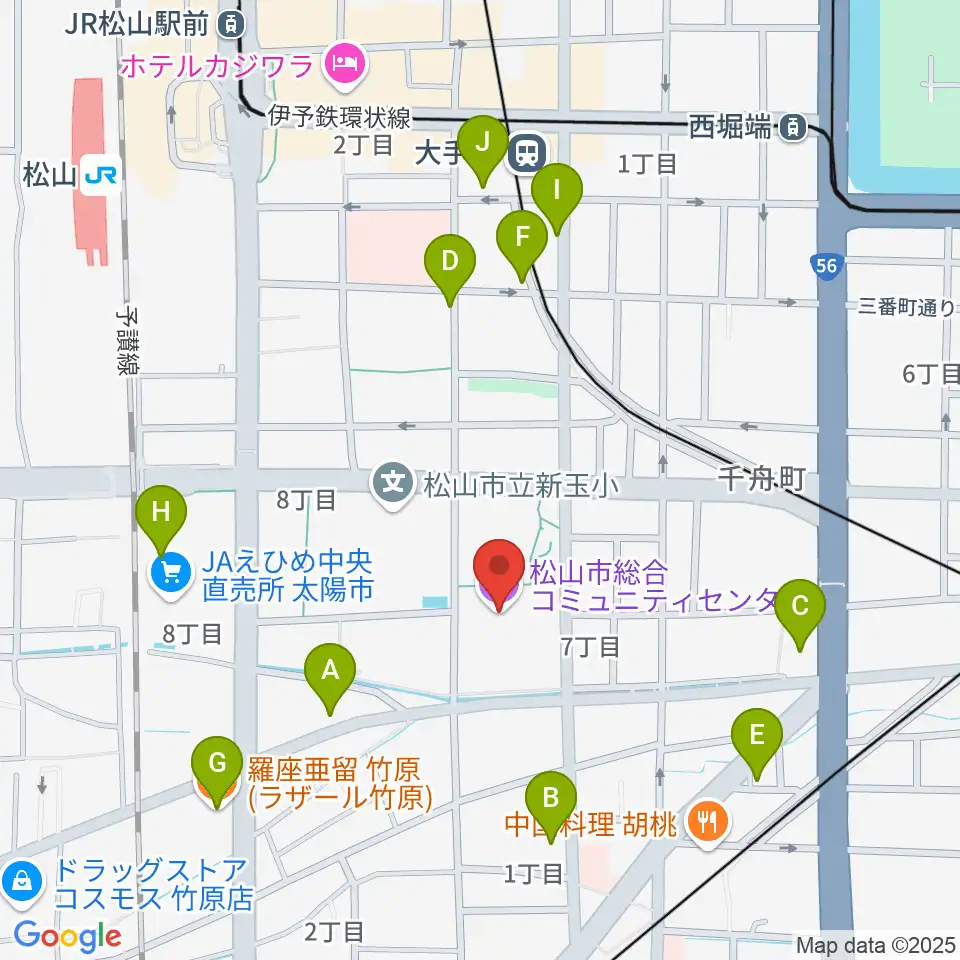 松山市総合コミュニティセンター周辺のカフェ一覧地図