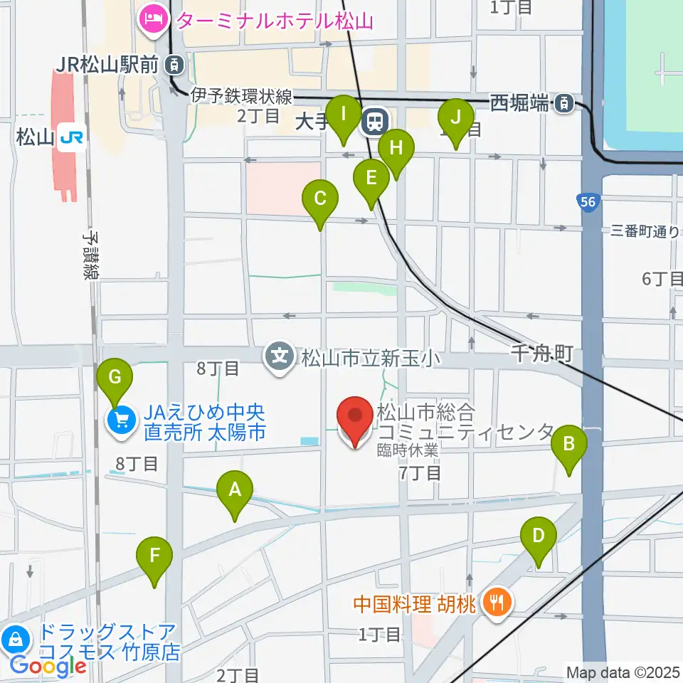 松山市総合コミュニティセンター周辺のカフェ一覧地図