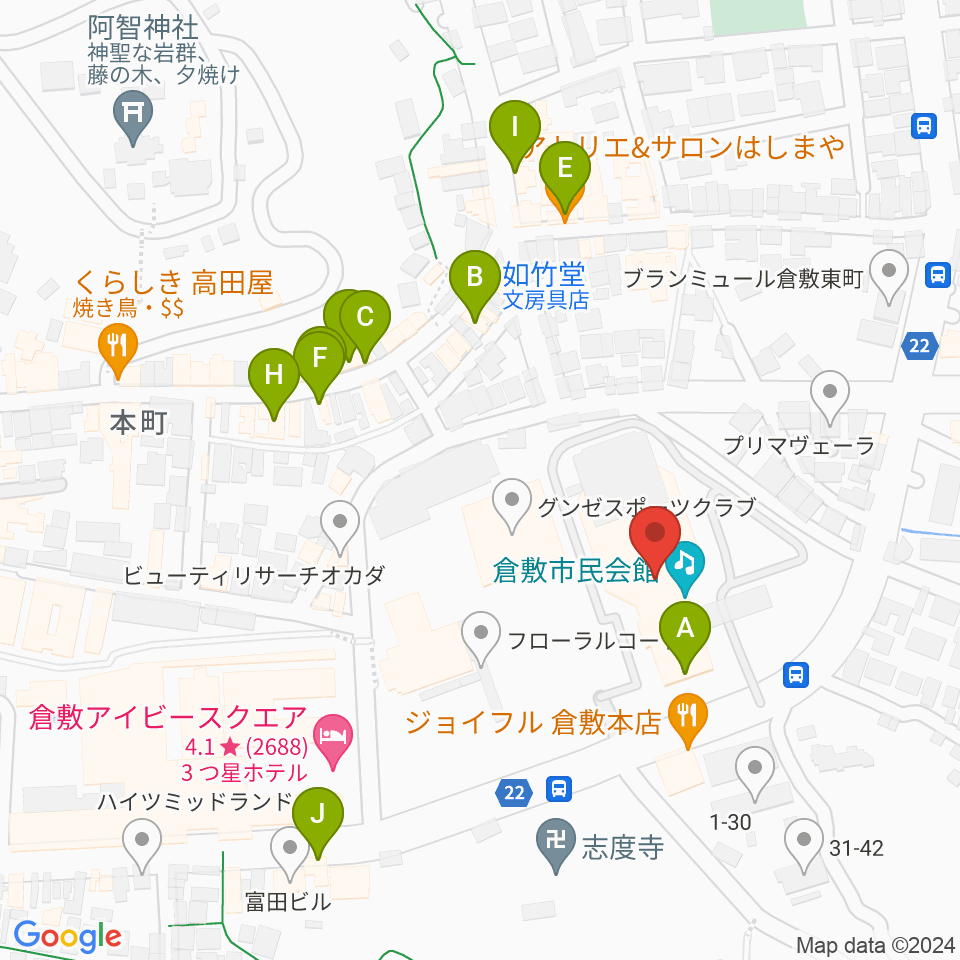 倉敷市民会館周辺のカフェ一覧地図