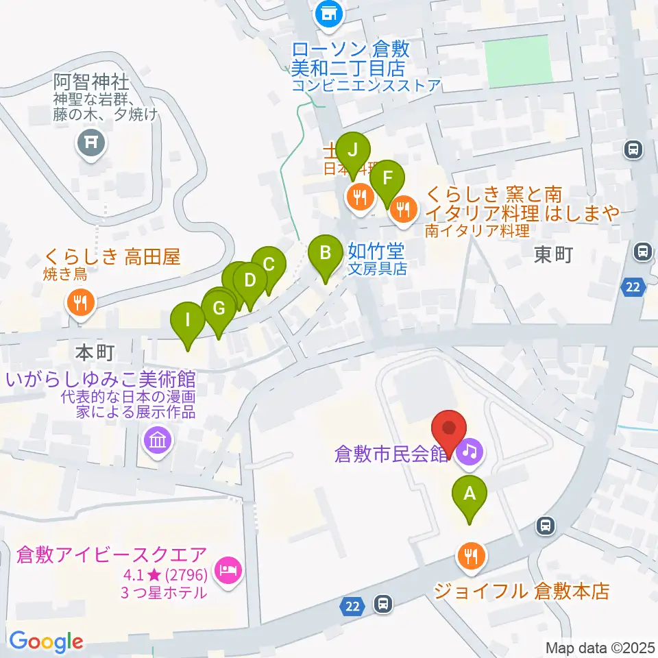 倉敷市民会館周辺のカフェ一覧地図